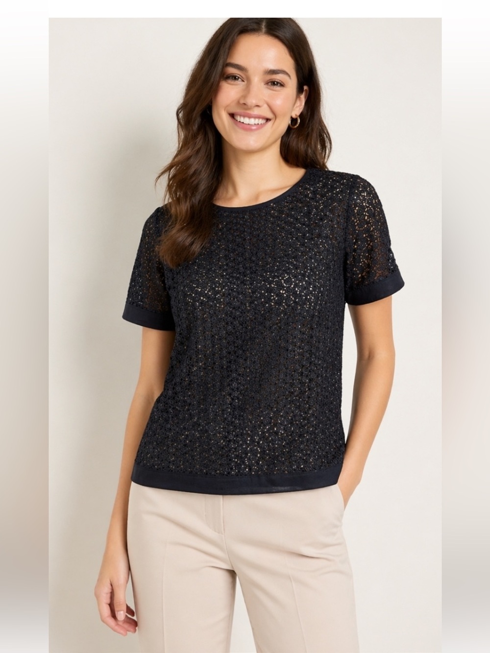 Ann Taylor Black Lace Blouse Crochet Top Short Sleeve Zipper NEW Size Medium